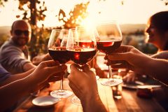 Friends toasting red wine glass and  having fun cheering at winetasting experience. Young people enjoying harvest time together outside at farm house vineyard countryside. digital ai